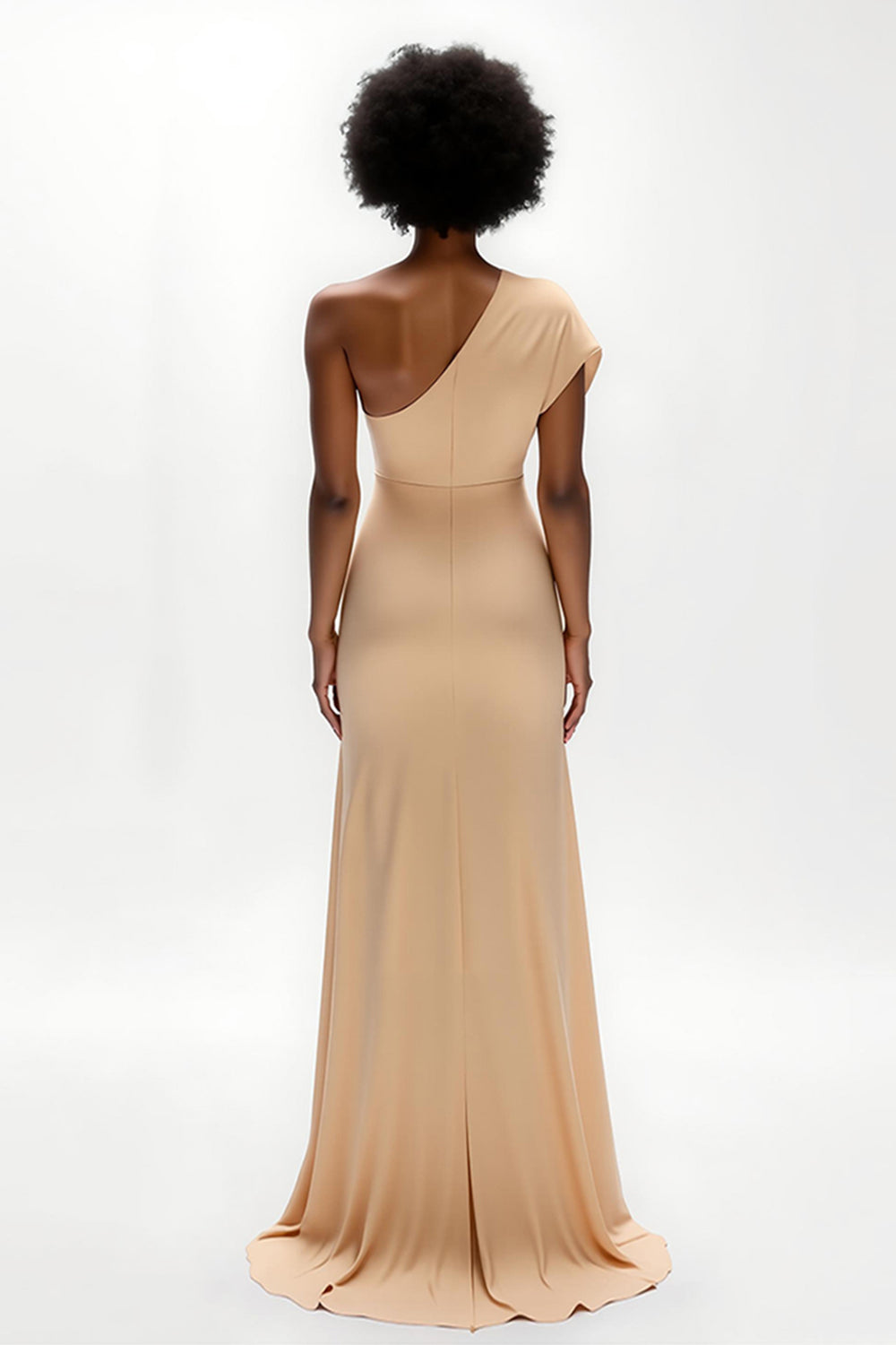 Champagne Satin One Shoulder Sheath Long Wedding Guest Dress