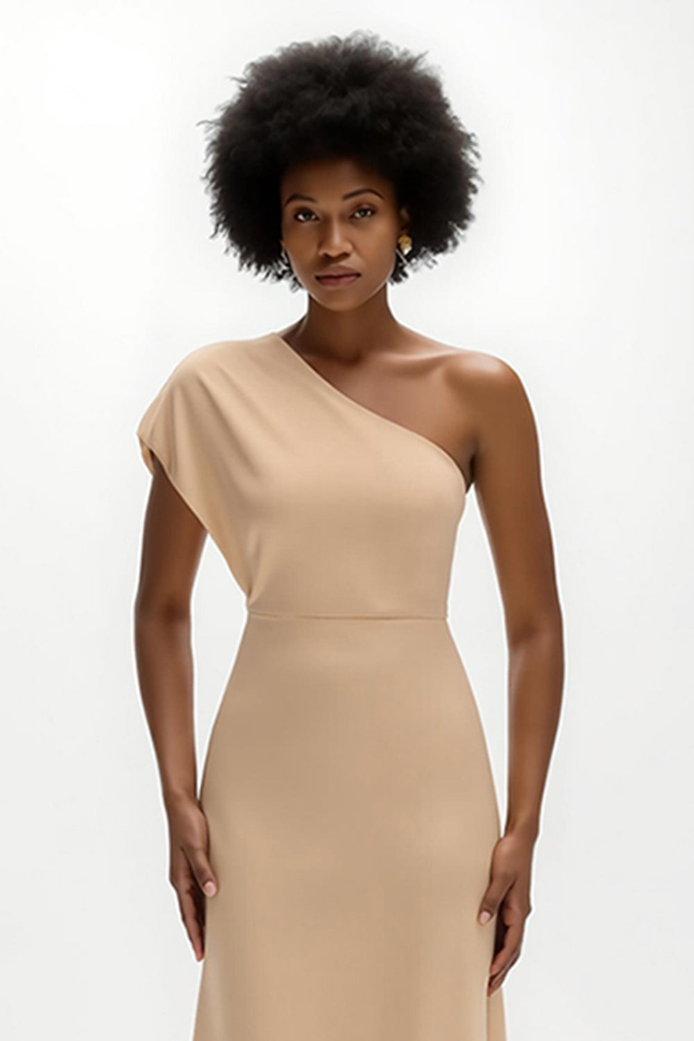 Champagne Satin One Shoulder Sheath Long Wedding Guest Dress