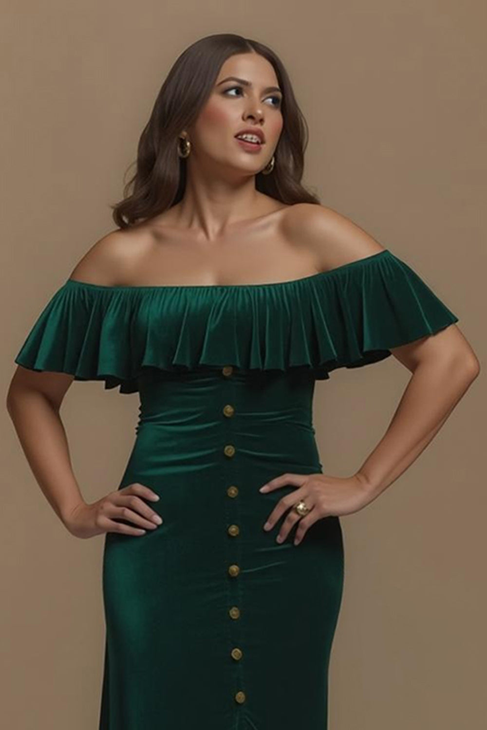Dark Green Off the Shoulder Sheath Buttons Long Holiday Party Dress with Slit