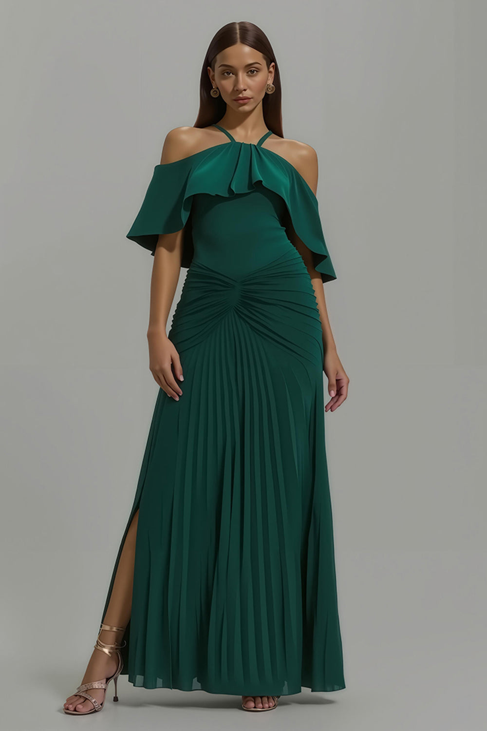 Dark Green Pleated Sheath Long Holiday Party Dress with Ruffles