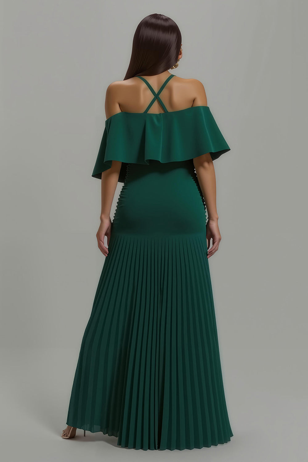 Dark Green Pleated Sheath Long Holiday Party Dress with Ruffles
