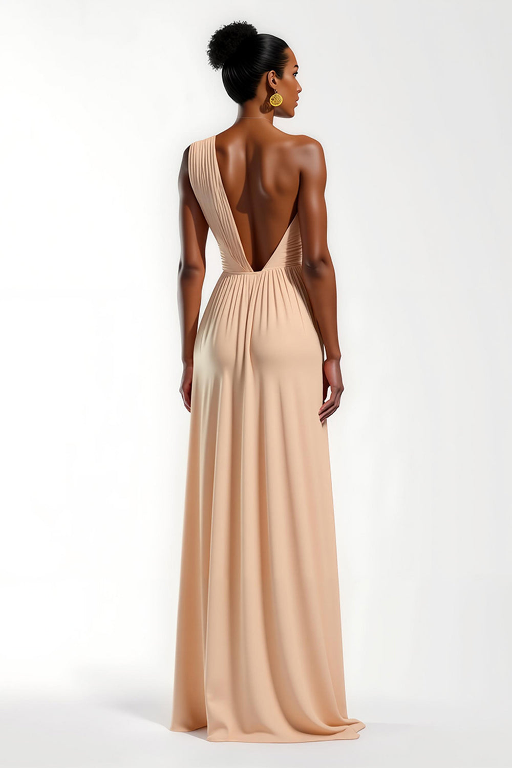 Champagne Sheath Satin Ruched Long Wedding Guest Dress