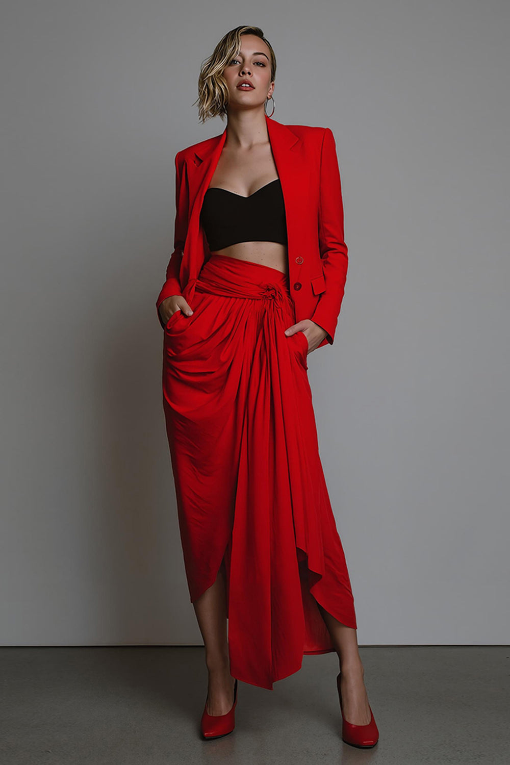 2 Piece Red Long Sleeves Ruched Pageant Interview Suits with Sash