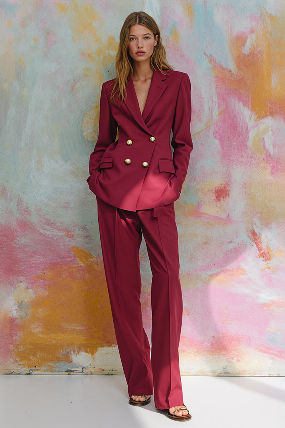 2 Piece Burgundy Notched Lapel Satin Pageant Interview Suits