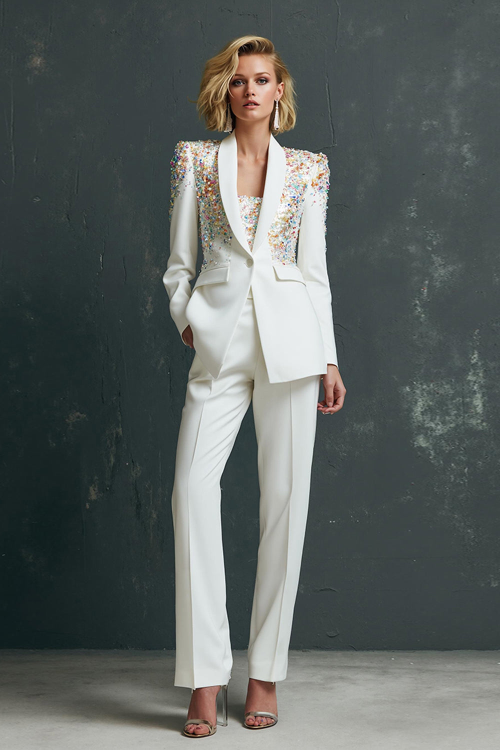 Dresstells Women Sparkly White 2 Piece Party Suits Sequins Shawl Lapel One Button Long Sleeves Prom Tuxedo
