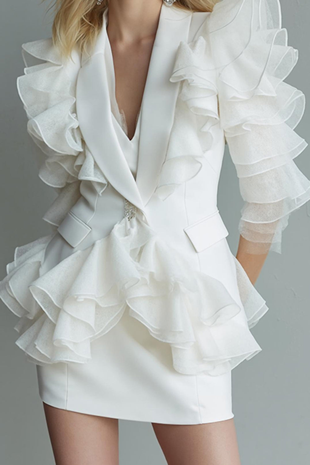 White 2 Piece Pencil Tiered Short Business Suits with Ruffles