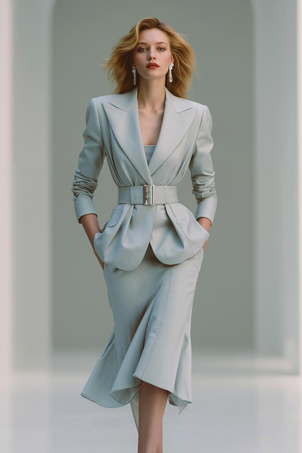 Grey Peak Lapel Pencil 2 Piece Midi Business Suits with Belt
