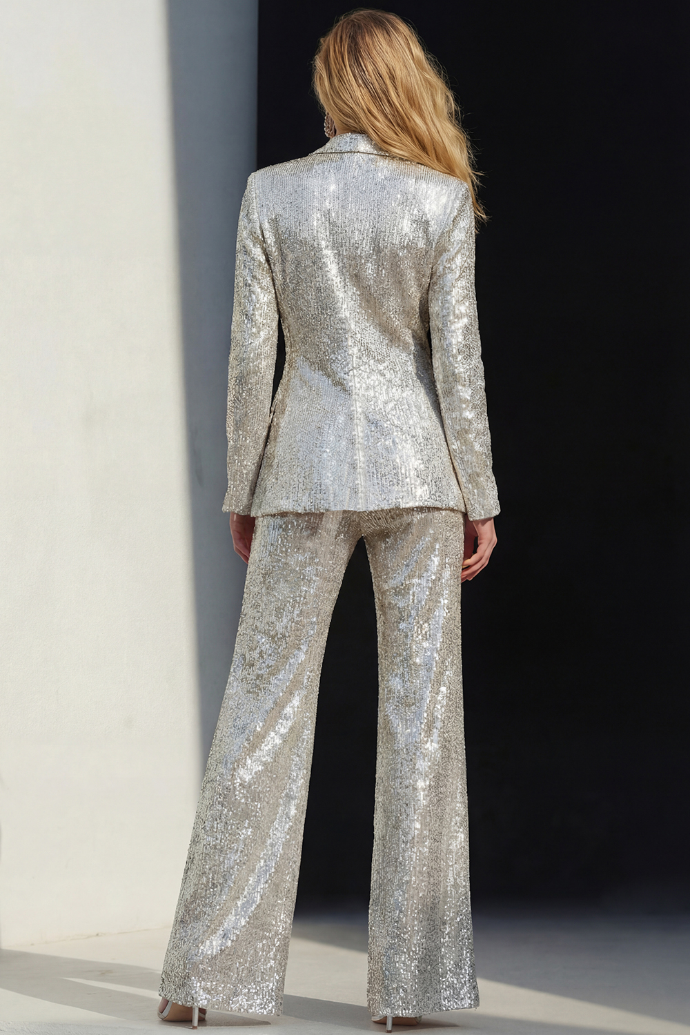 Sparkly Silver 2 Piece Sequins Notched Lapel Women Party Suits