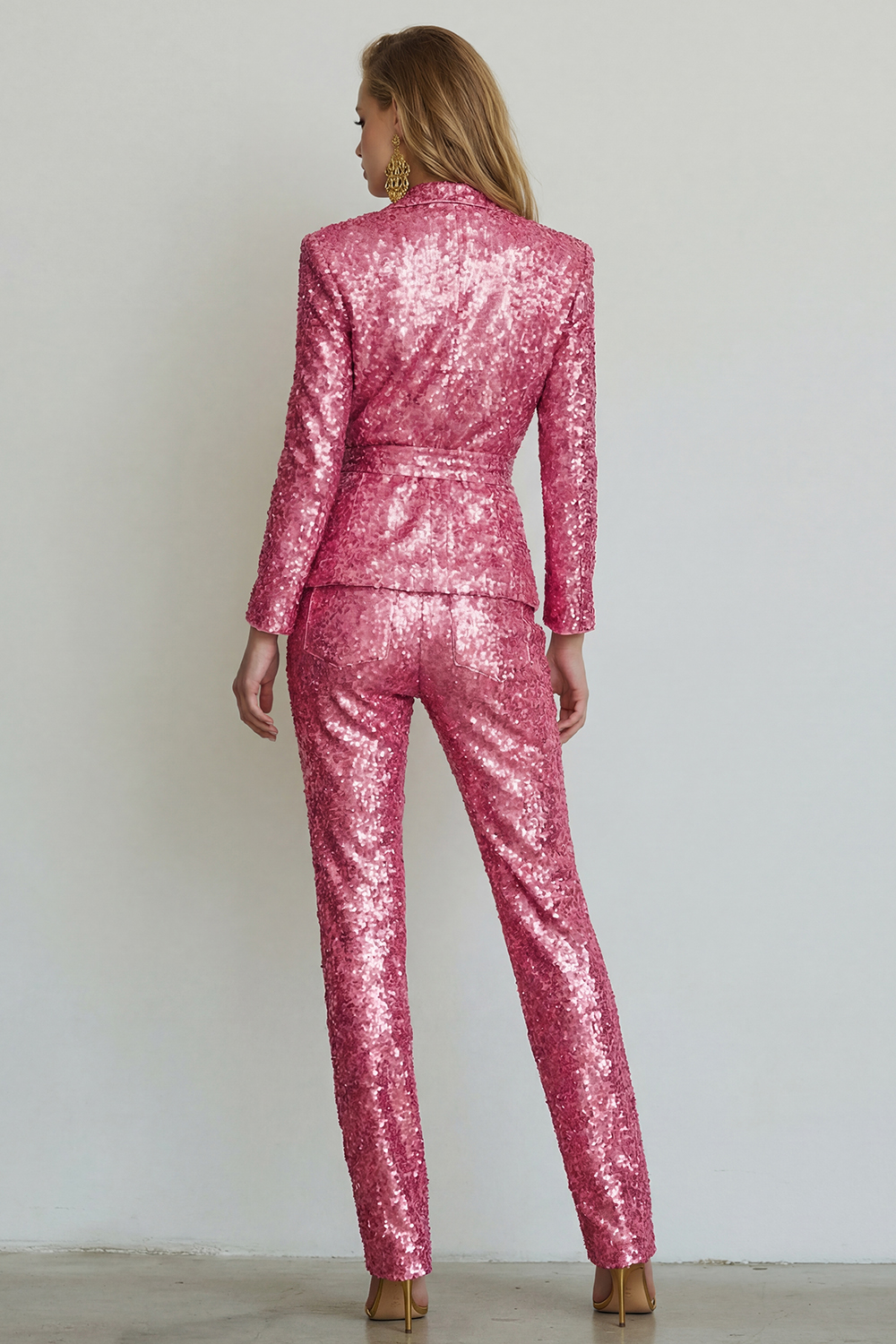 Sparkly Silver 2 Piece Sequins Women Party Suits with Sash