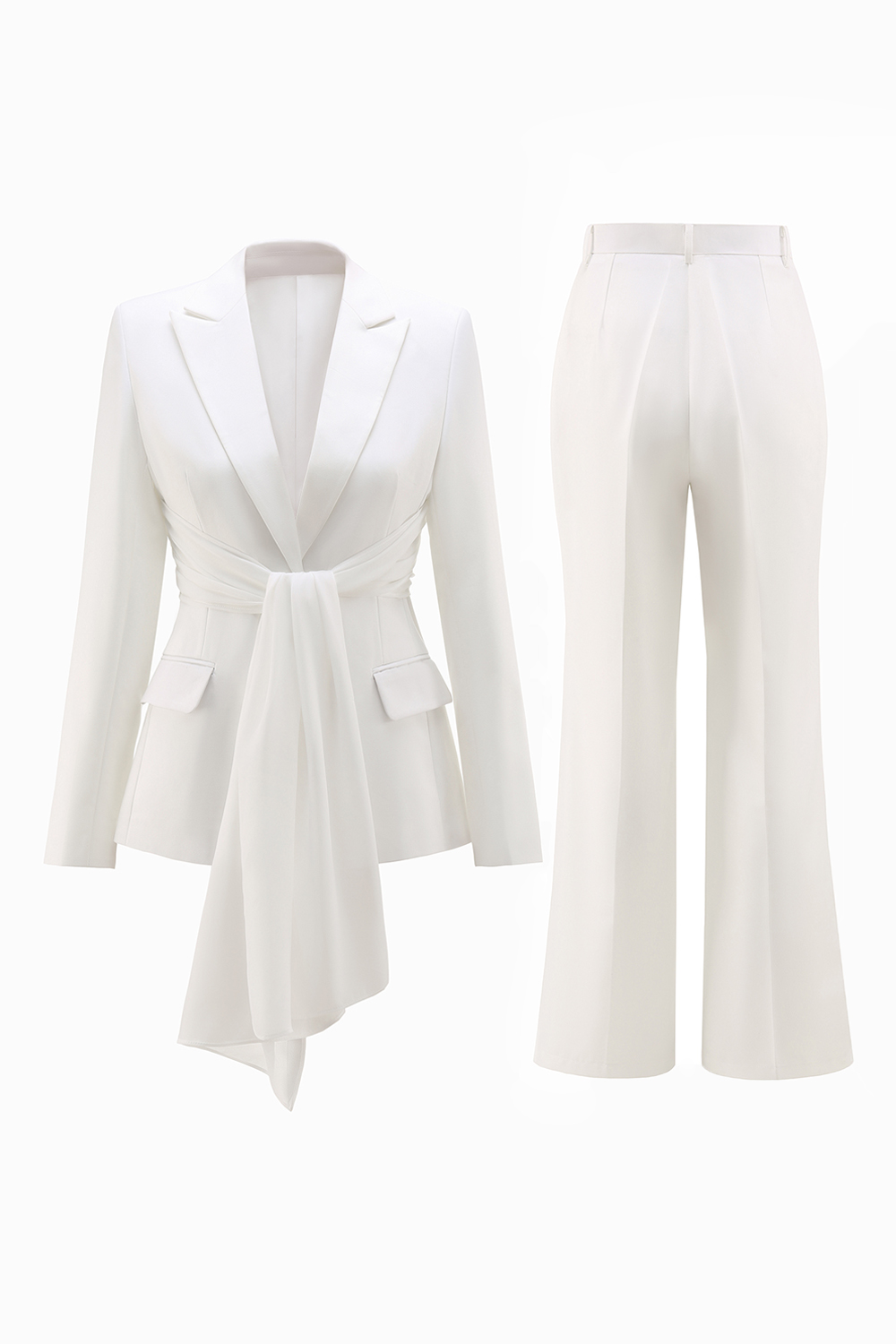 2 Piece White Notched Lapel Ruched Business Suits with Sash