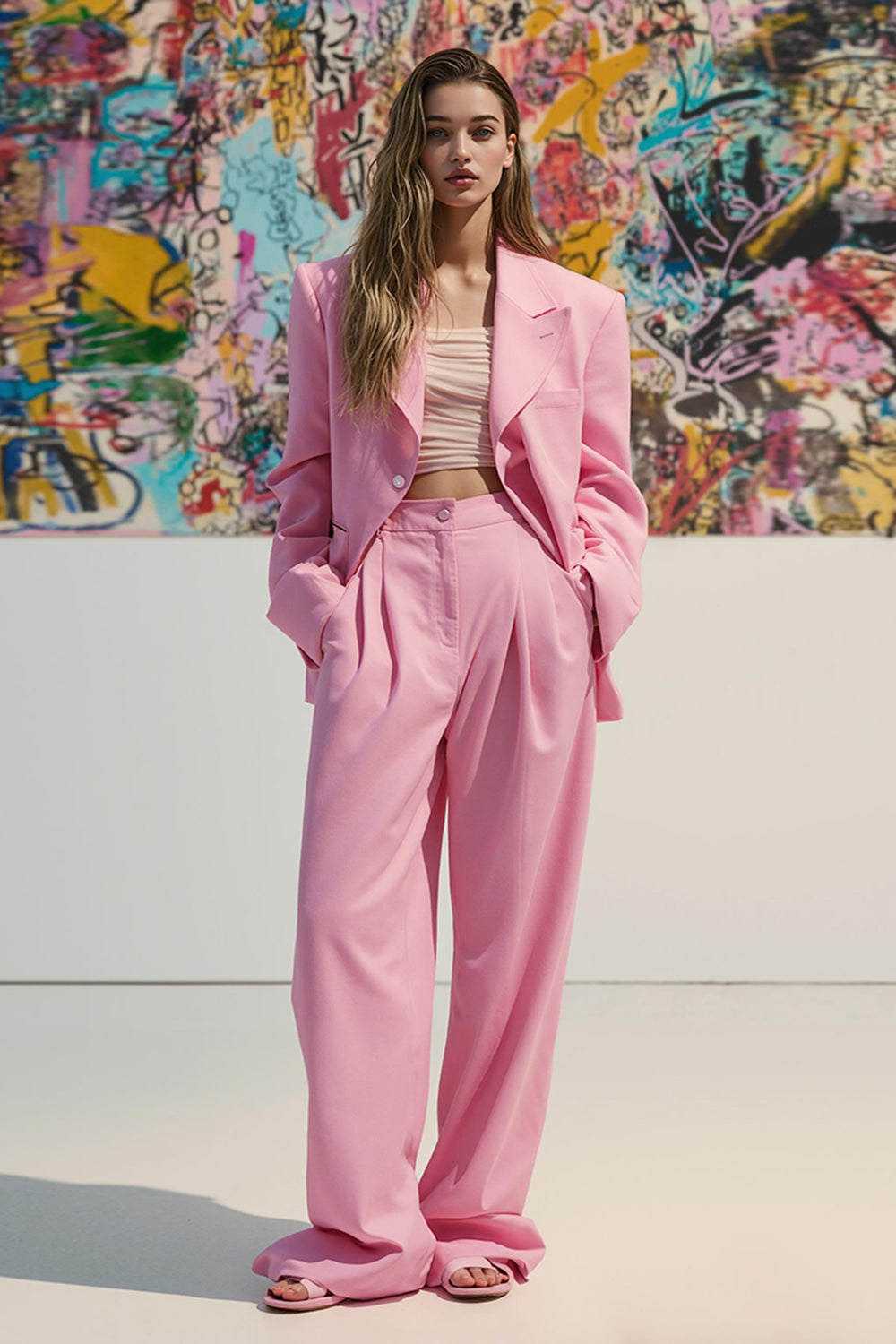 2 Piece Pink Peak Lapel Satin Business Suits with Pockets