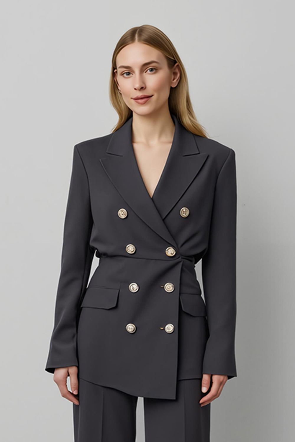 2 Piece Dark Grey Double Breasted Peak Lapel Business Suits