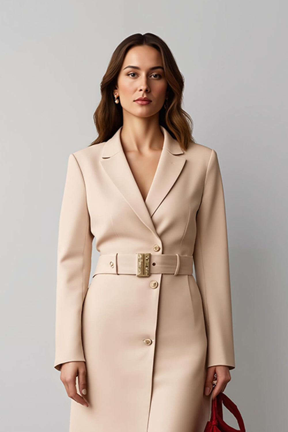 Champagne Pencil Notched Lapel Midi Blazer Dress with Belt