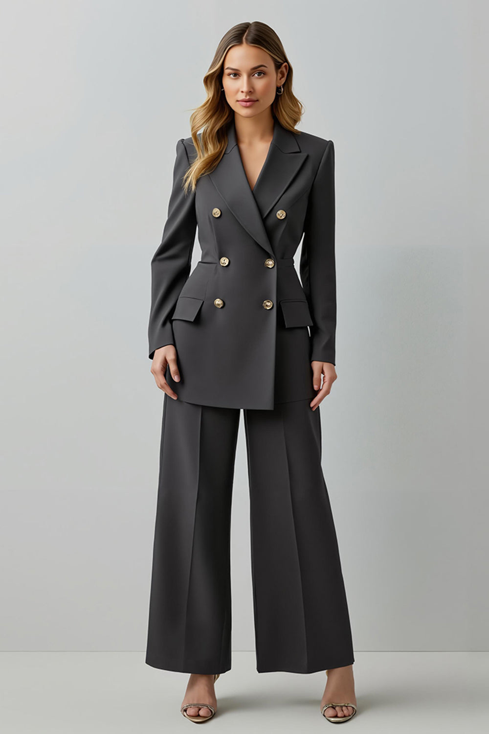 2 Piece Dark Grey Peak Lapel Double Breasted Business Suits