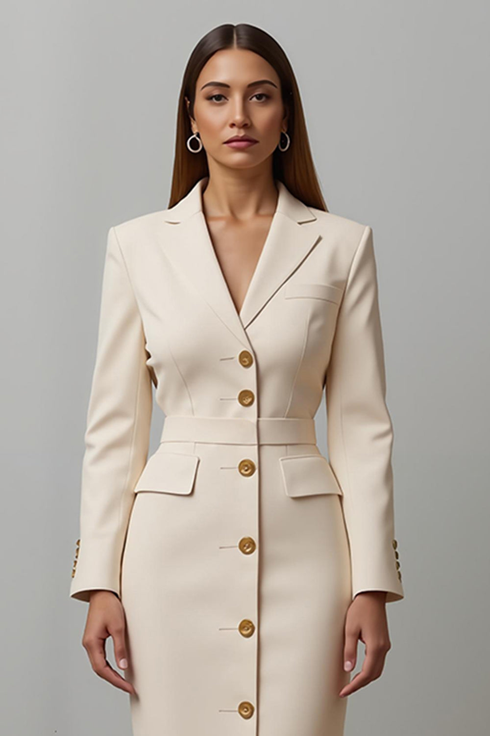 Champagne Pencil Notched Lapel Single Breasted Midi Blazer Dress