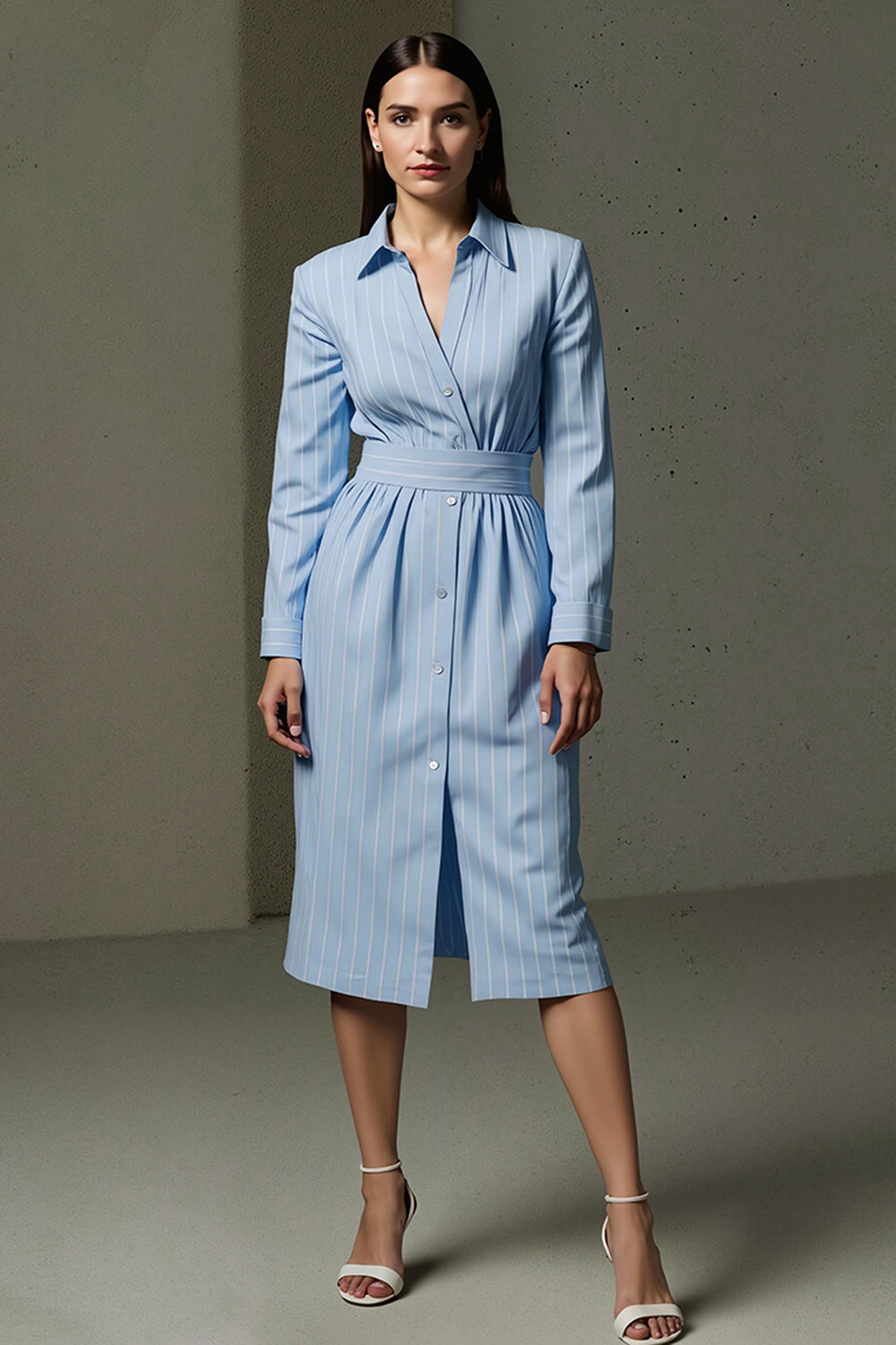 Blue Pencil Collar Neck Single Breasted Midi Shirt Work Dress