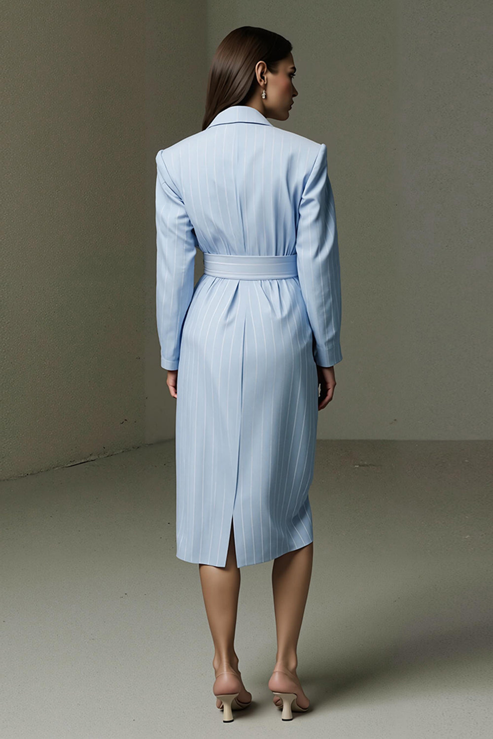 Blue Pencil Collar Neck Single Breasted Midi Shirt Work Dress