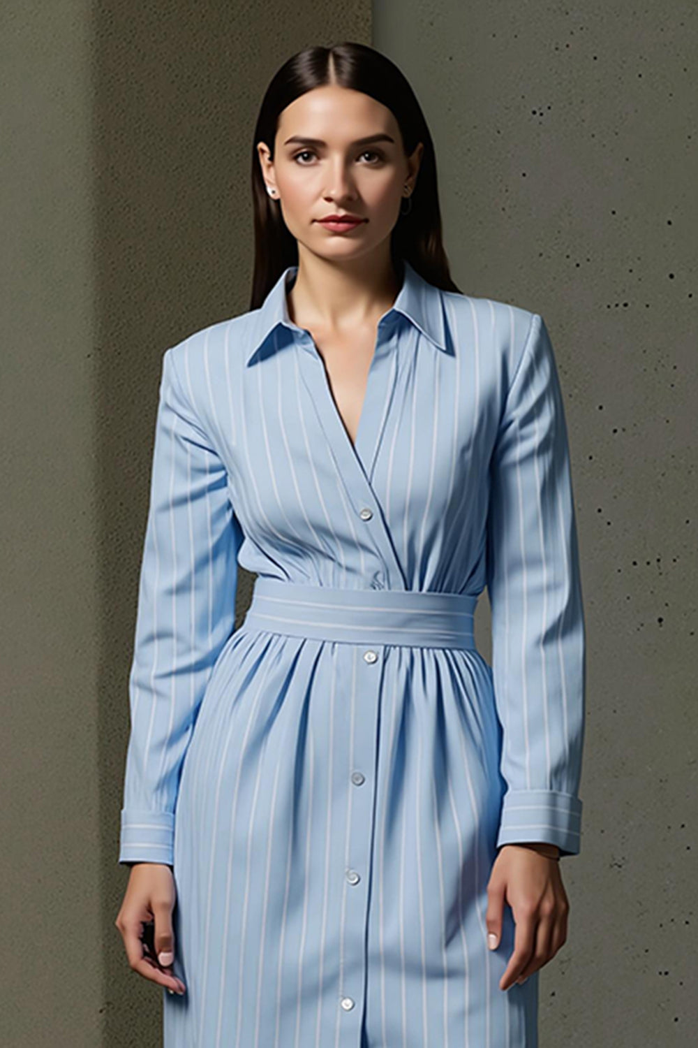 Blue Pencil Collar Neck Single Breasted Midi Shirt Work Dress