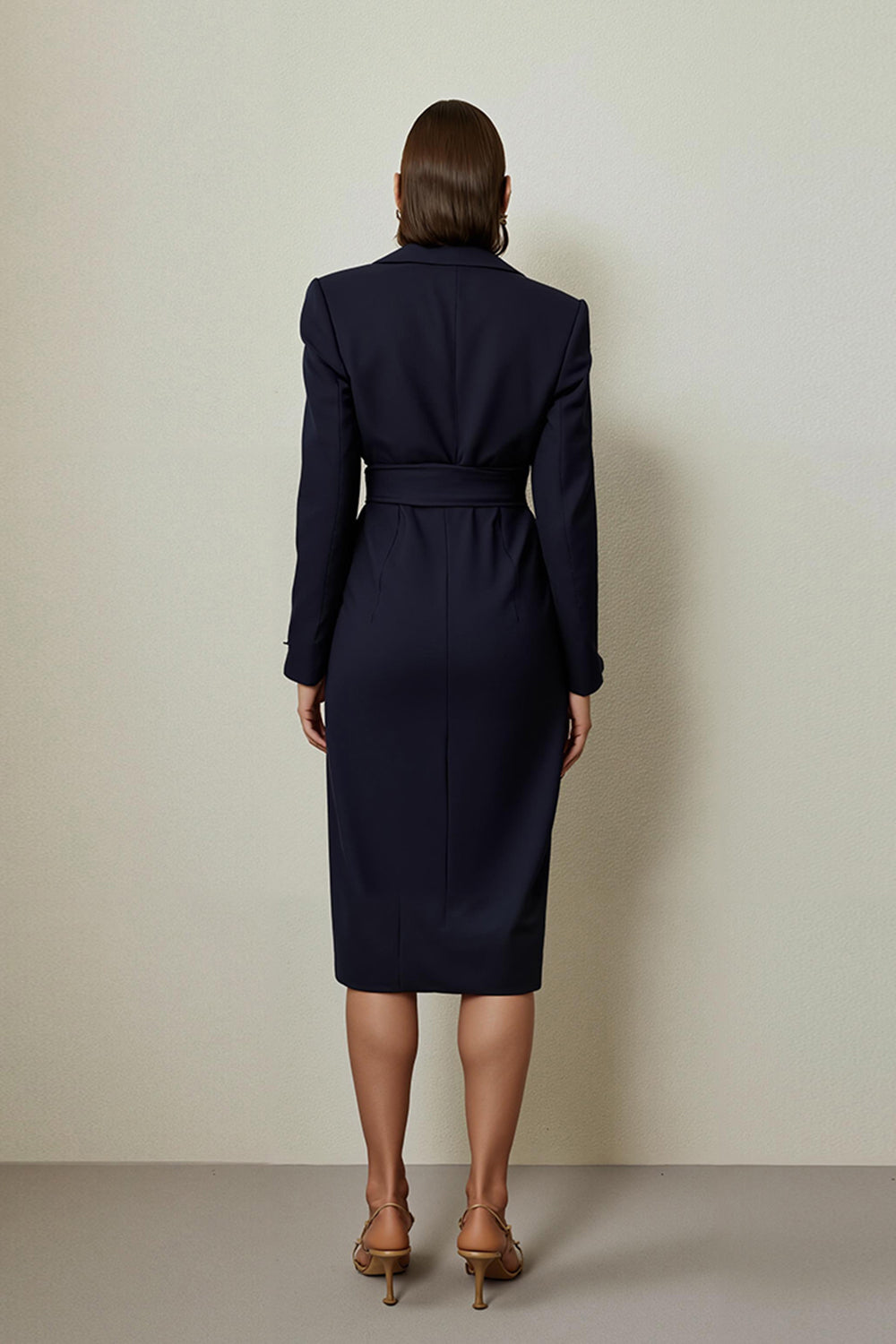 Elegant Navy Notched Lapel Pencil Ruched Midi Blazer Dress