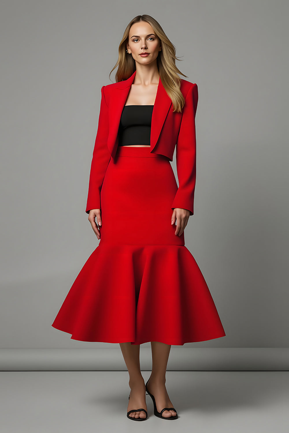 Red Satin Mermaid 2 Piece Midi Pageant Interview Suits