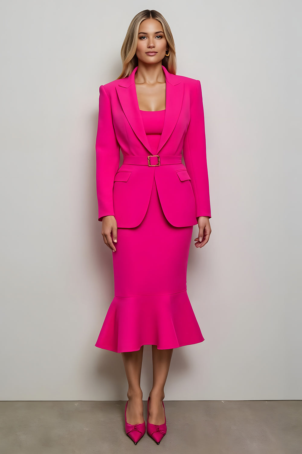 2 Piece Fuchsia Slim Fit Peak Lapel Midi Business Suits with Belts