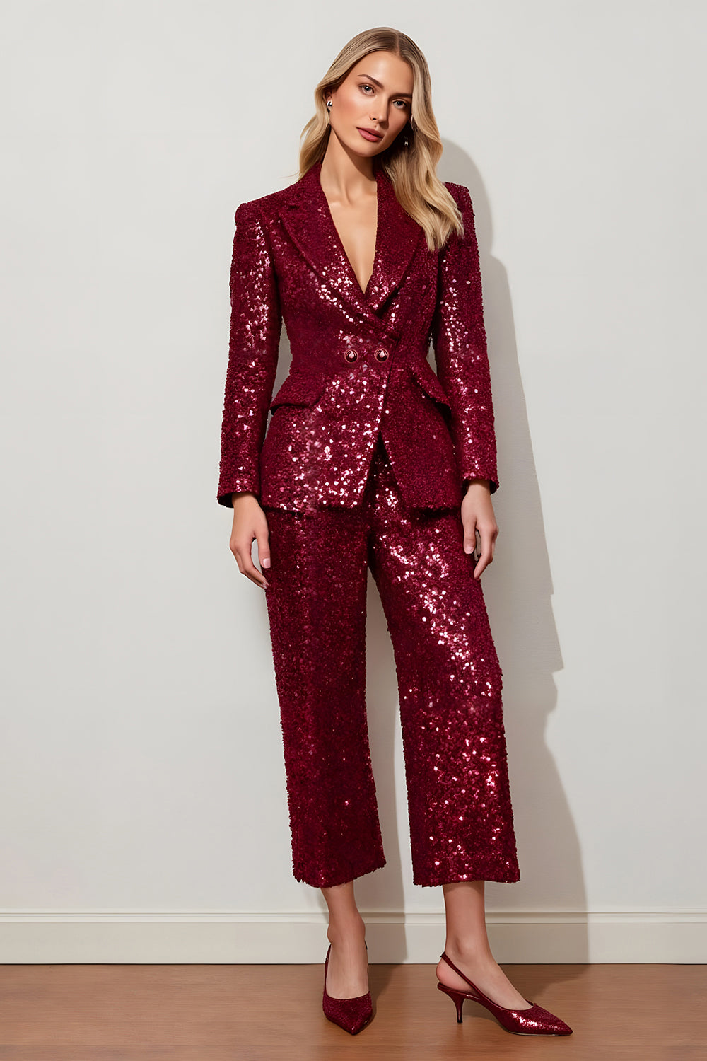 Sparkly Burgundy Sequins 2 Piece Holiday Party Suits
