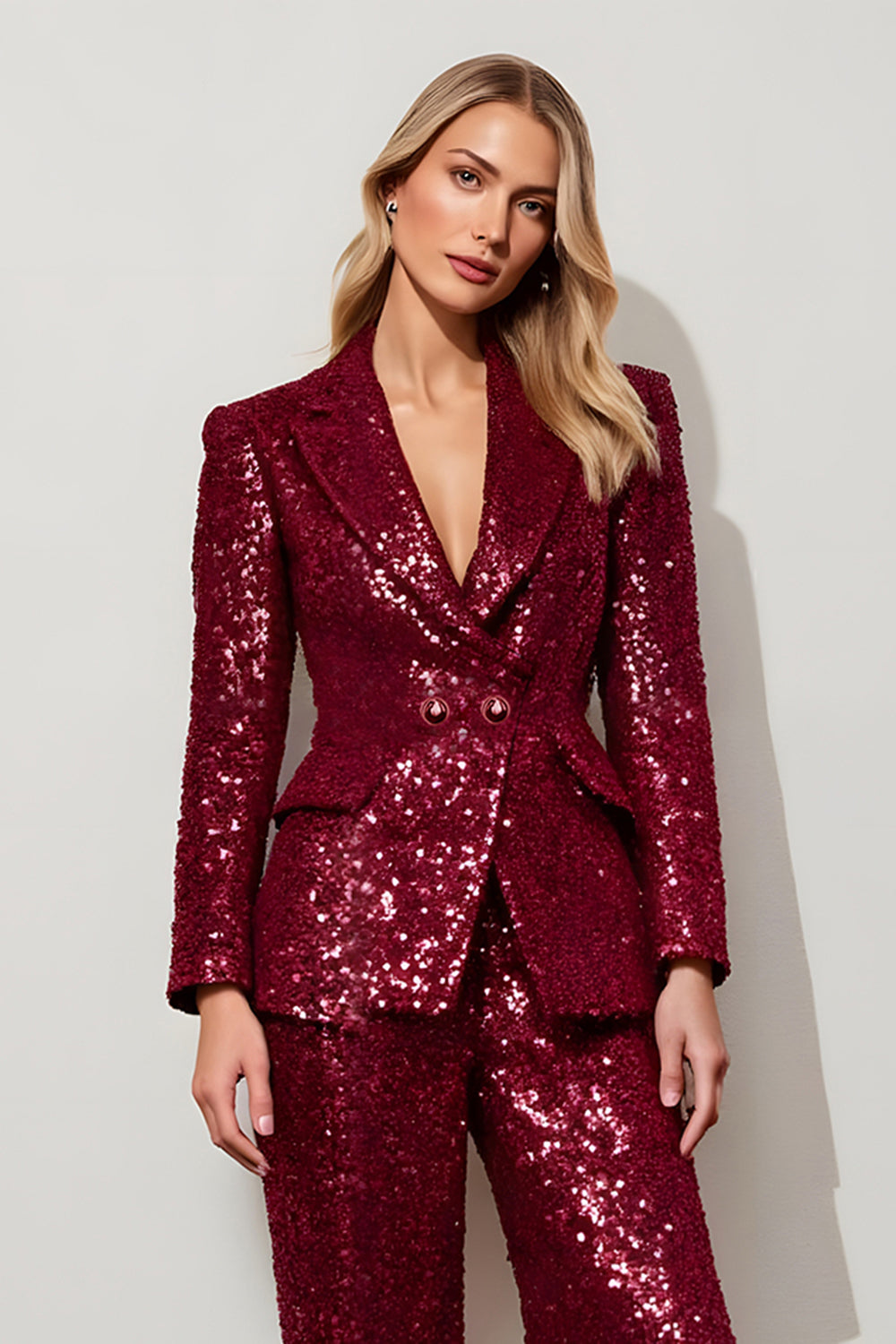 Sparkly Burgundy Sequins 2 Piece Holiday Party Suits