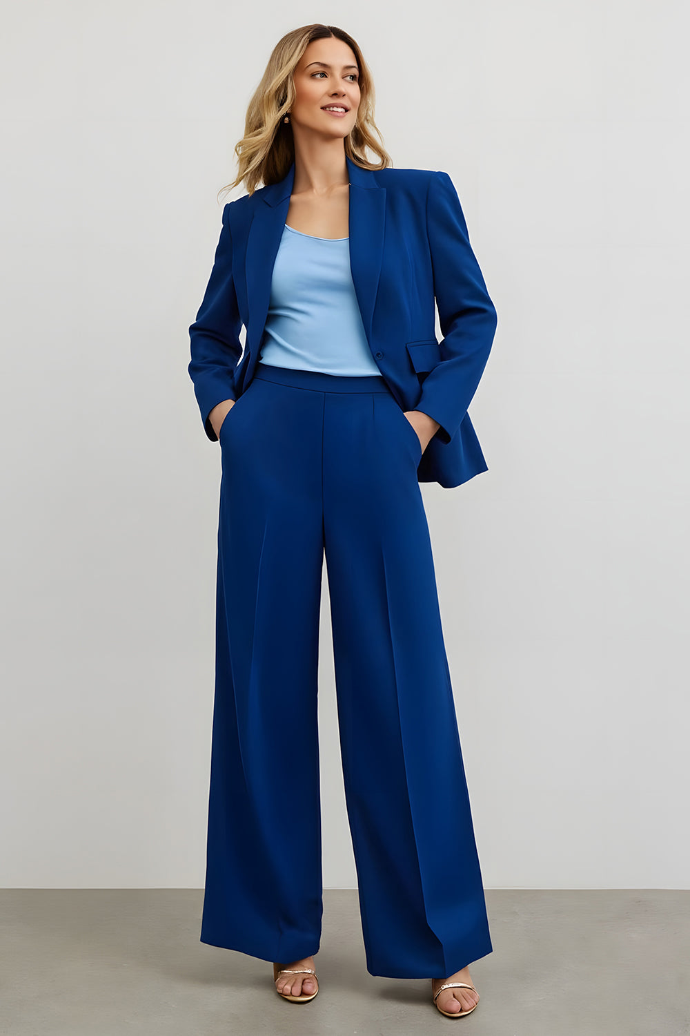 Dark Blue 2 Piece Notched Lapel Wide Leg Business Suits with Pockets