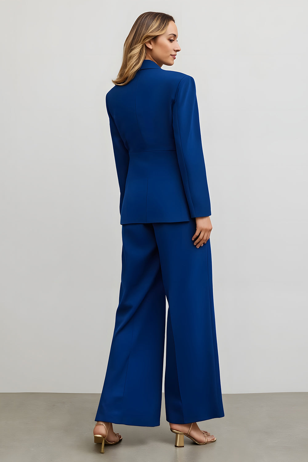 Dark Blue 2 Piece Notched Lapel Wide Leg Business Suits with Pockets