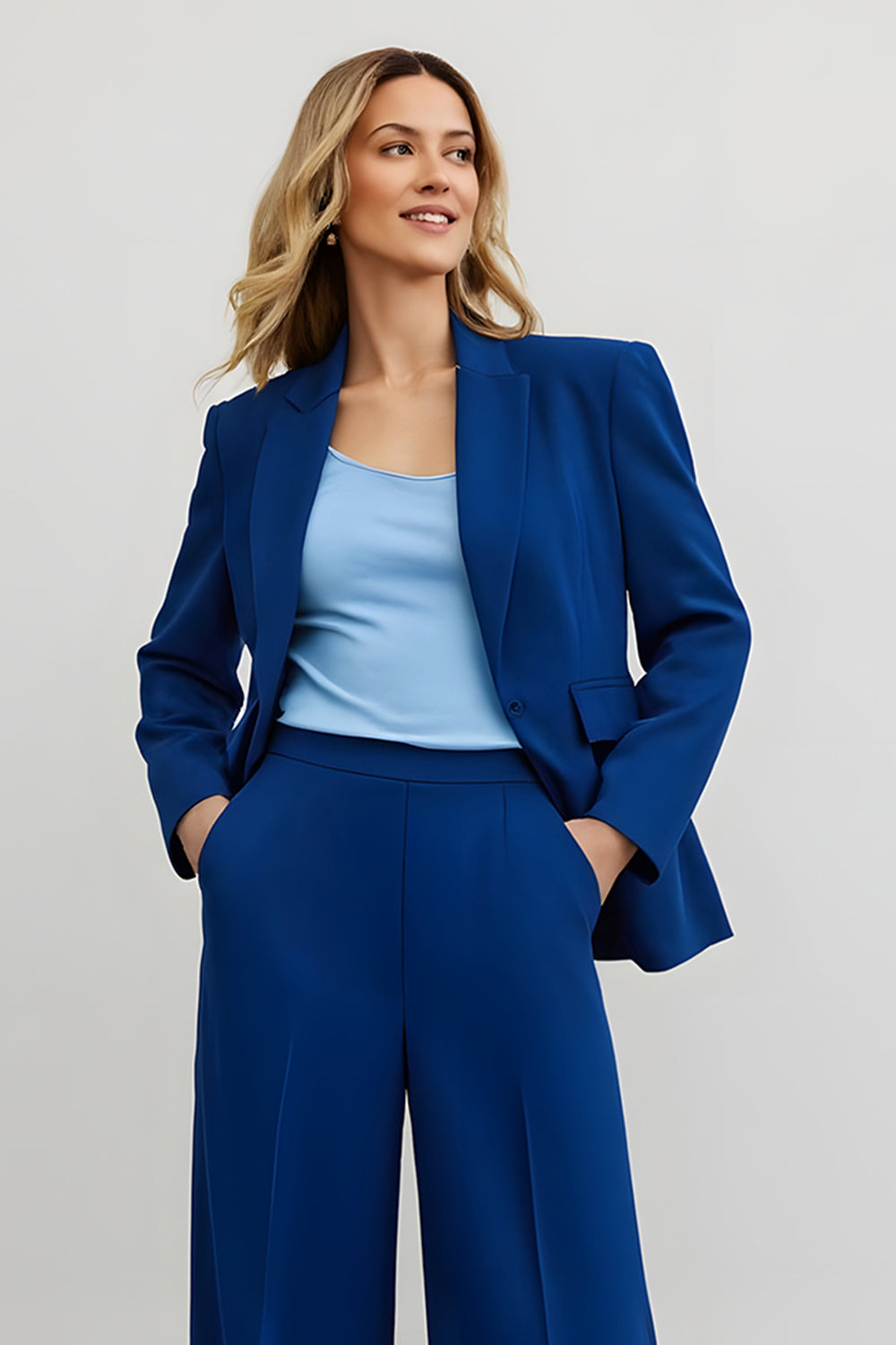 Dark Blue 2 Piece Notched Lapel Wide Leg Business Suits with Pockets
