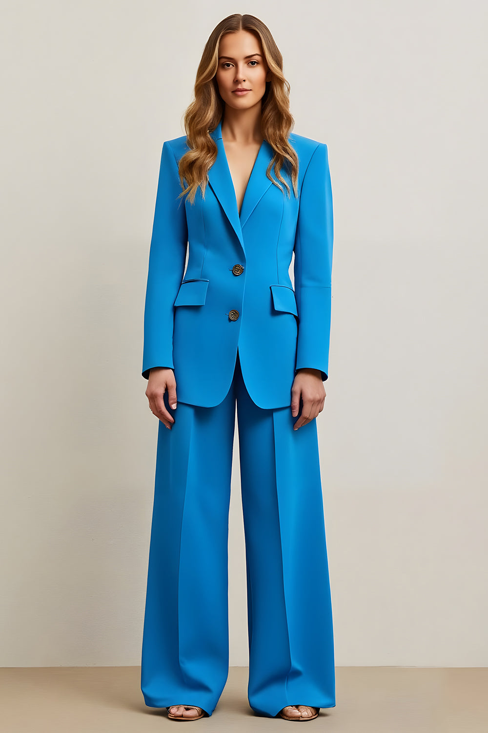 Blue Single Breasted Satin Wide Leg 2 Piece Business Suits