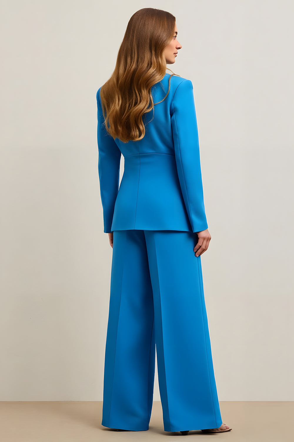 Blue Single Breasted Satin Wide Leg 2 Piece Business Suits