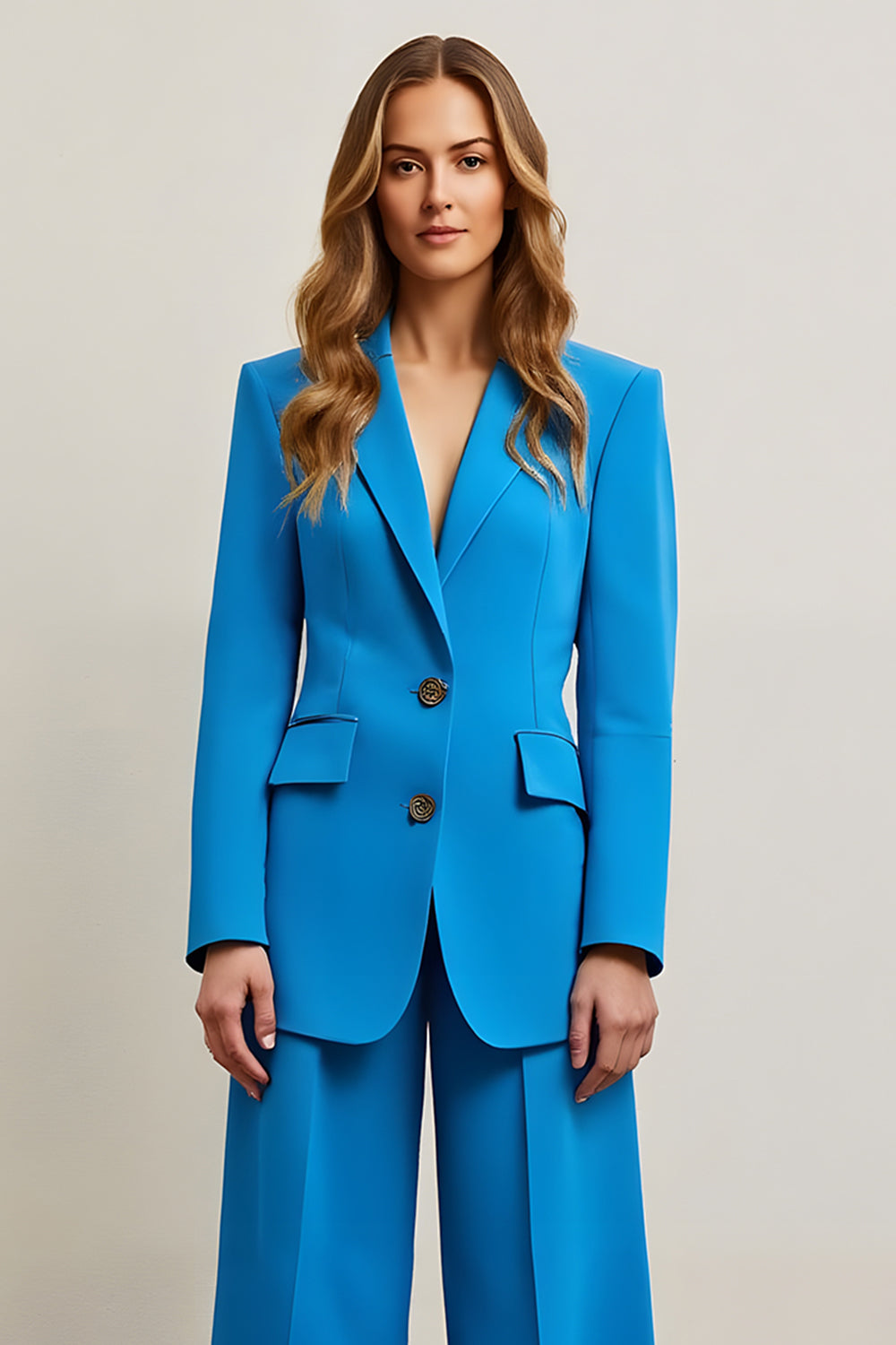 Blue Single Breasted Satin Wide Leg 2 Piece Business Suits