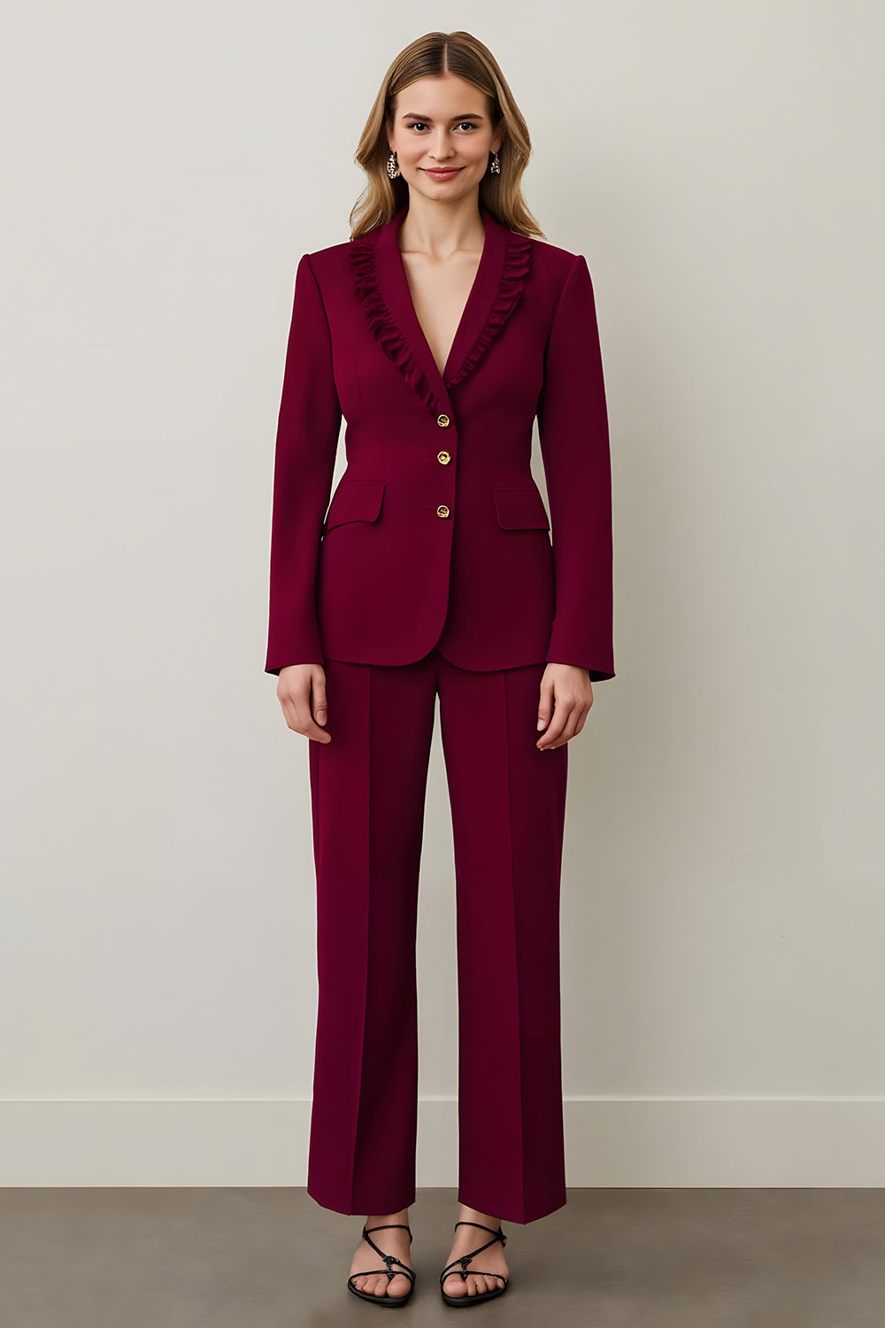 2 Piece Burgundy Shawl Lapel Business Suits with Ruffles