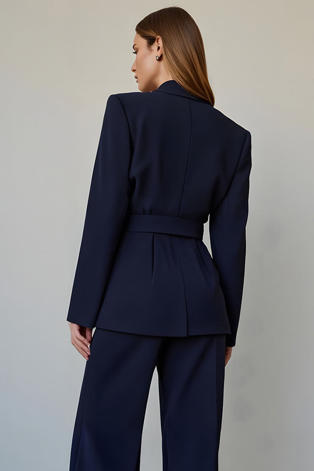 2 Piece Navy Satin Single Breasted Wide Leg Business Suits
