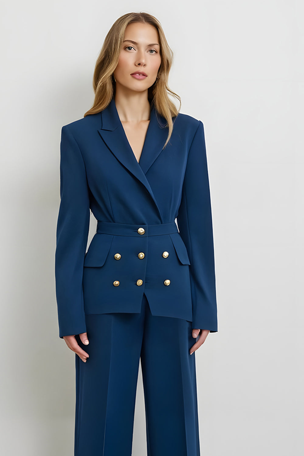2 Piece Dark Blue Wide Leg Double Breasted Satin Business Suits
