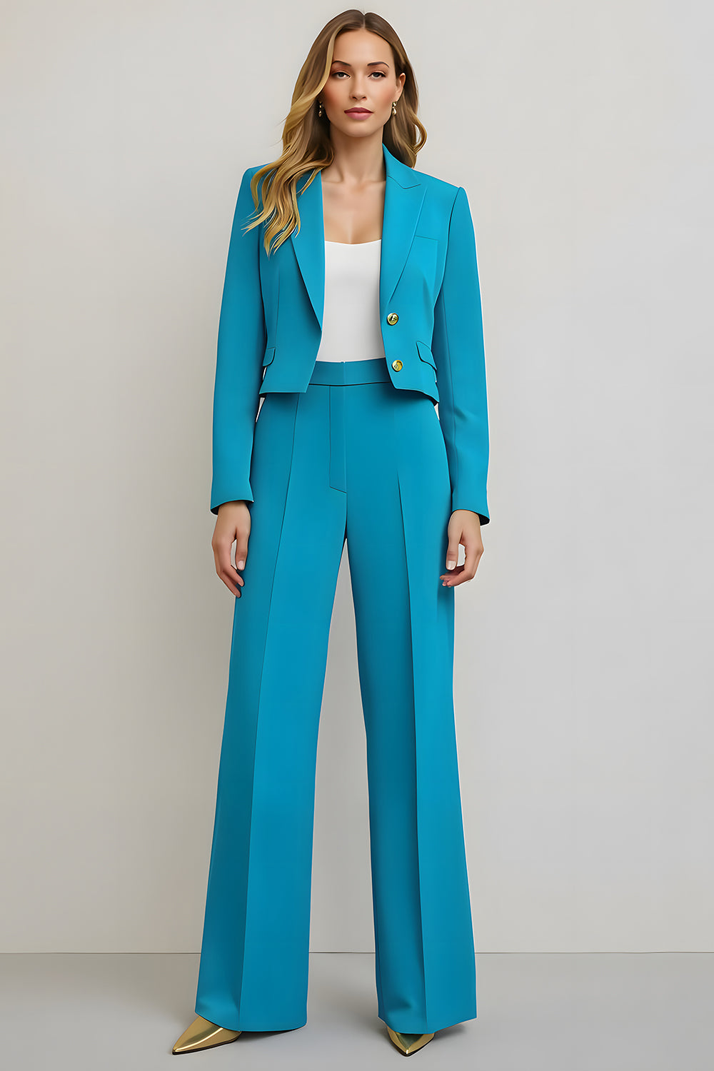 2 Piece Blue Peak Lapel Satin Wide Leg Business Suits