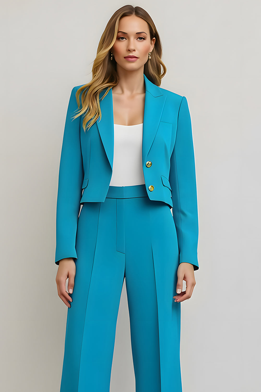 2 Piece Blue Peak Lapel Satin Wide Leg Business Suits