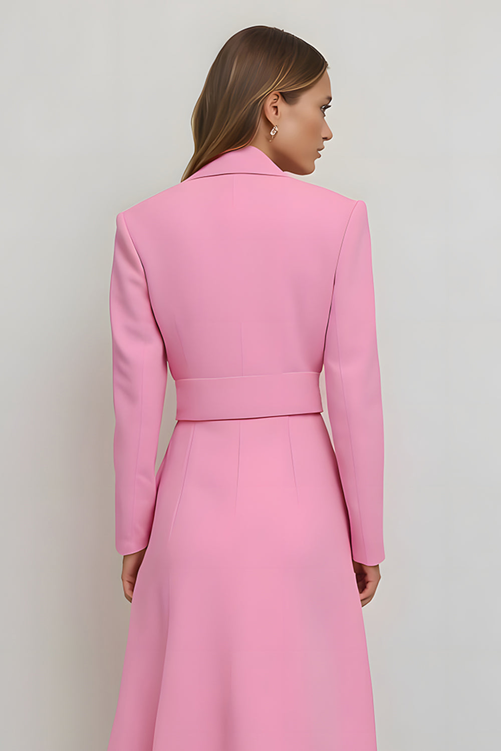 Pink Notched Lapel Pencil Midi Blazer Dress with Belt