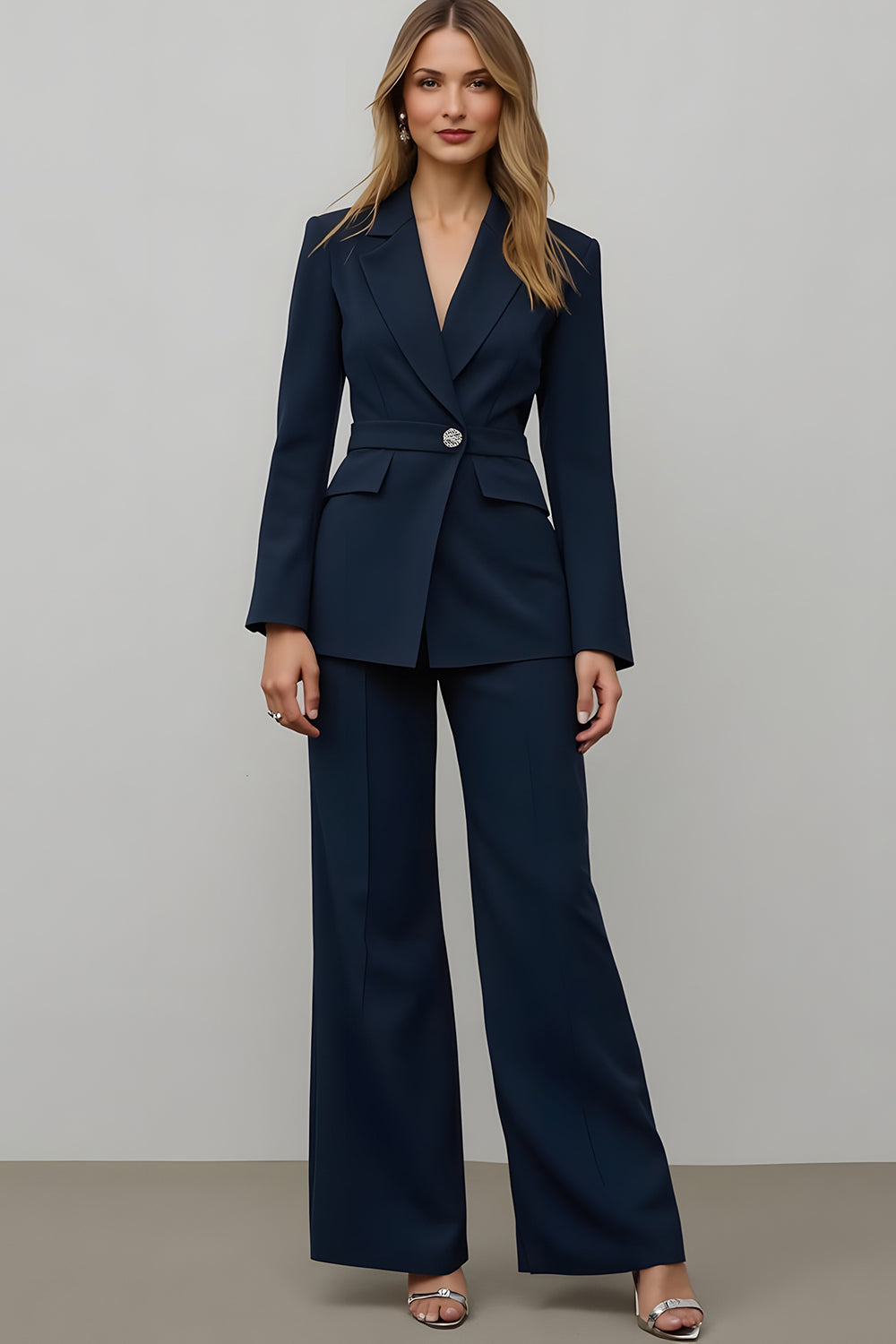 Navy 2 Piece Satin Notched Lapel Wide Leg Business Suits