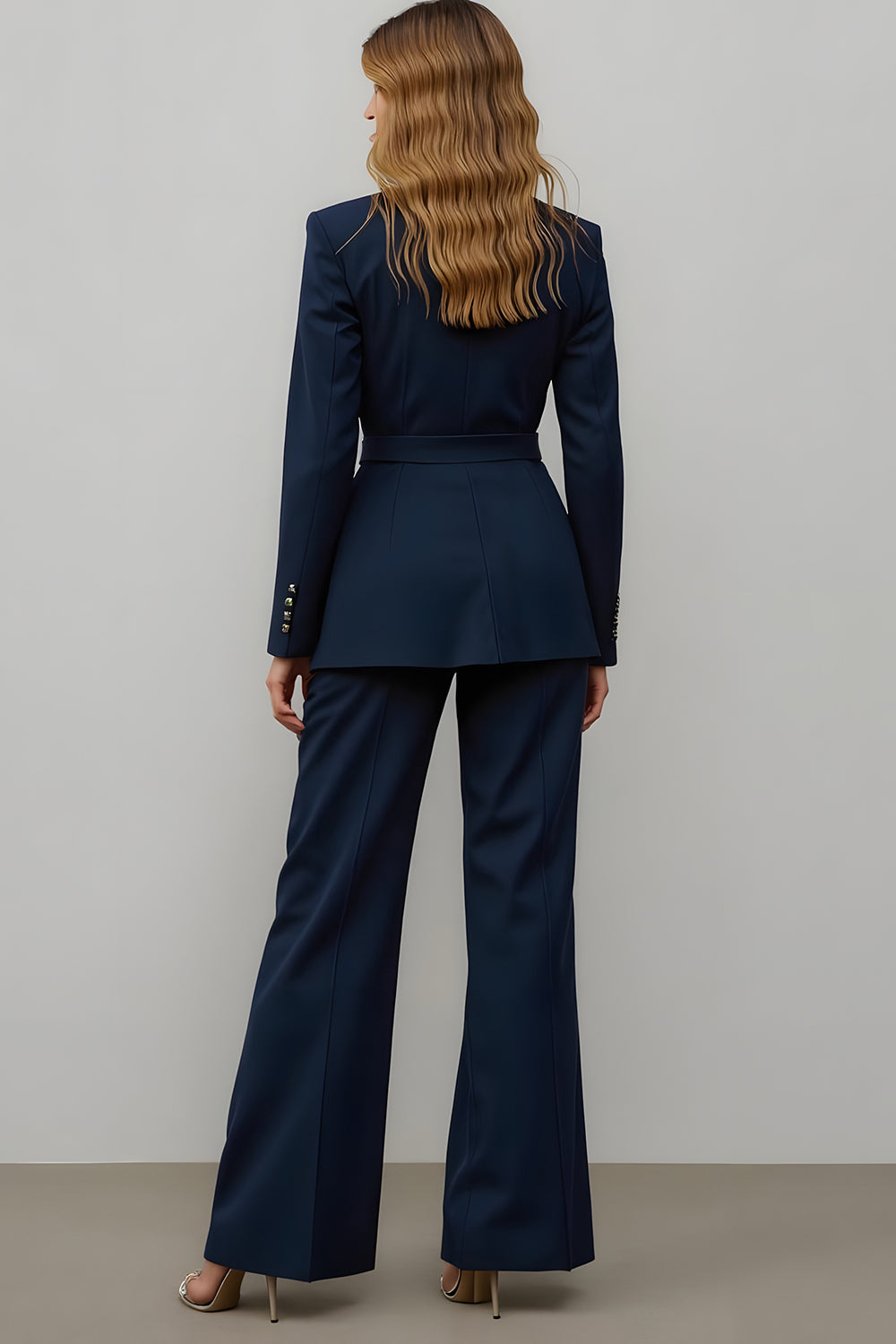 Navy 2 Piece Satin Notched Lapel Wide Leg Business Suits