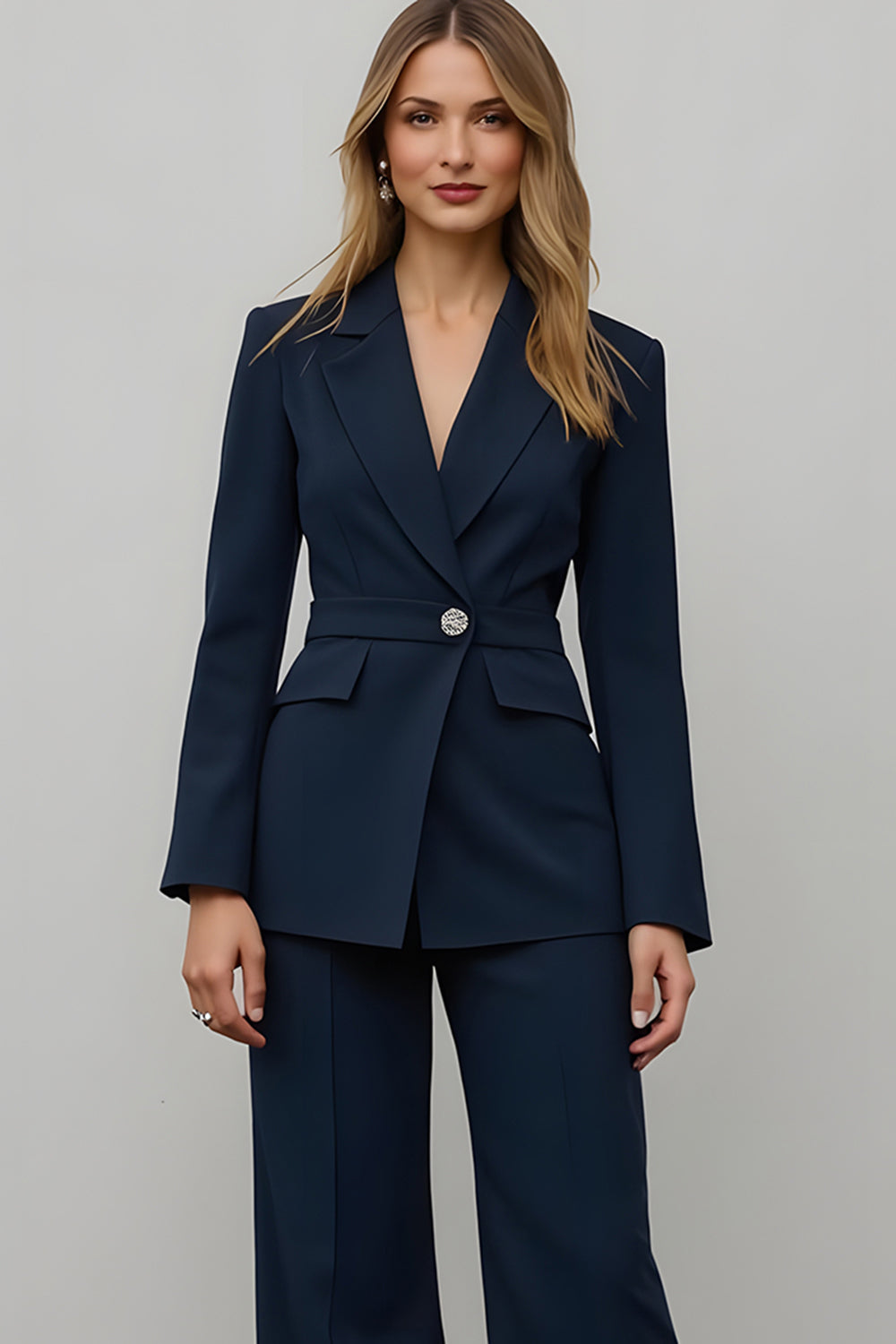 Navy 2 Piece Satin Notched Lapel Wide Leg Business Suits