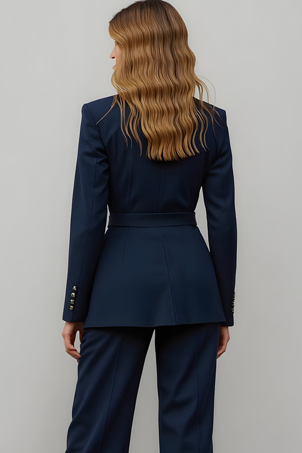 Navy 2 Piece Satin Notched Lapel Wide Leg Business Suits