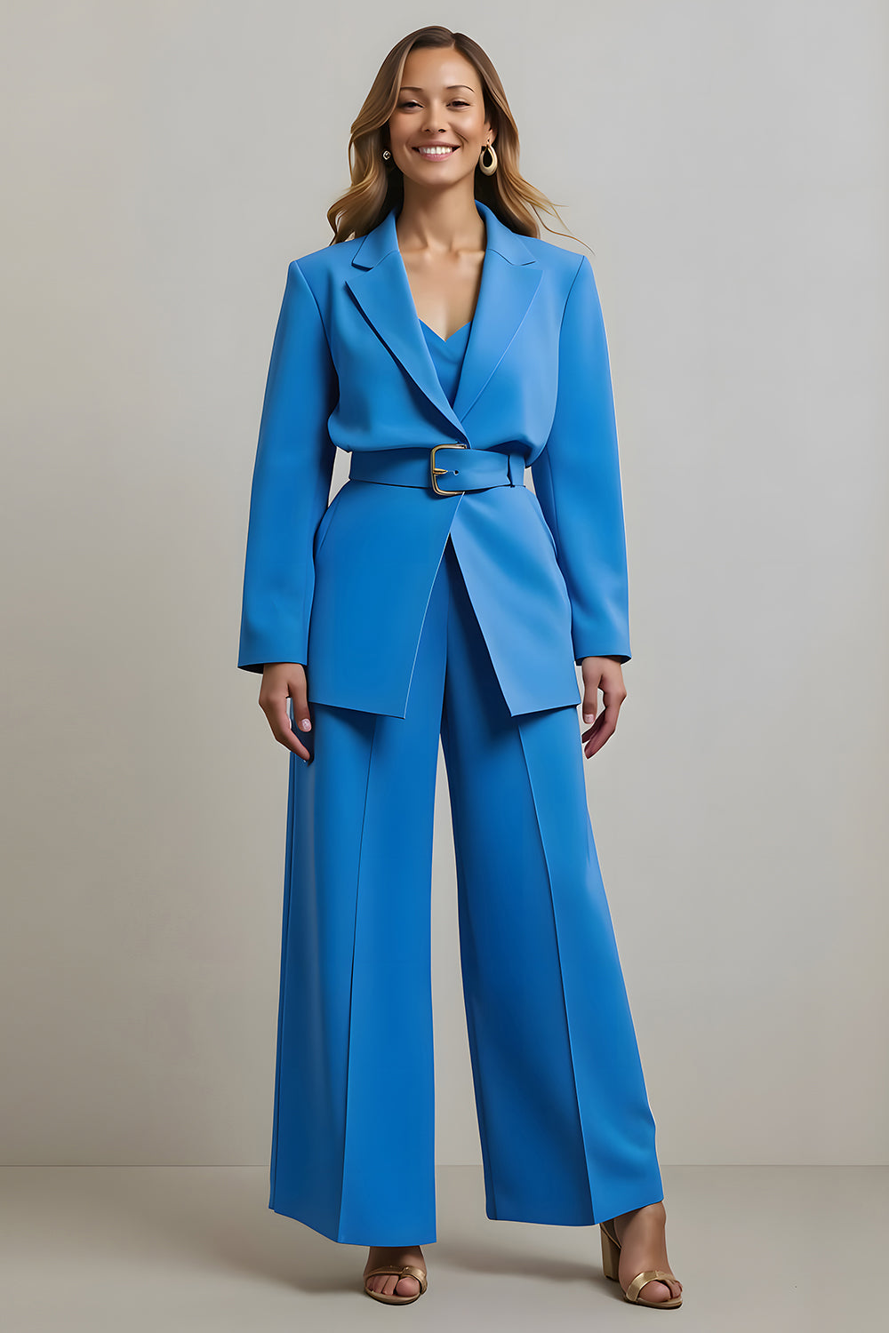 Blue 2 Piece Notched Lapel Business Suits with Belts