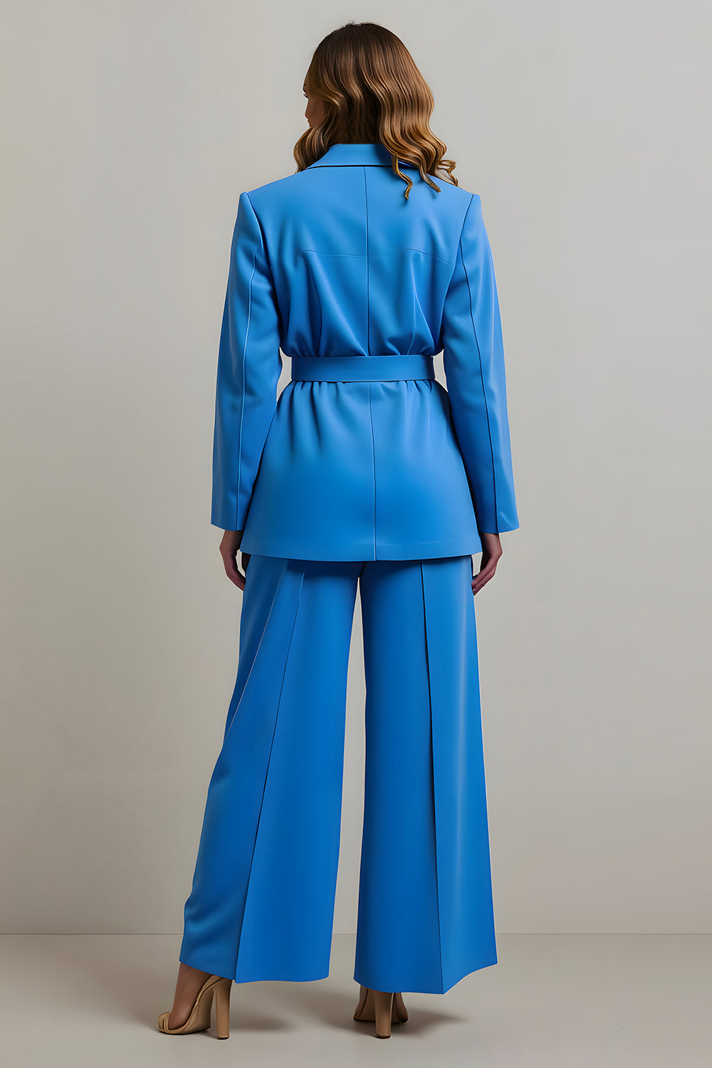 Blue 2 Piece Notched Lapel Business Suits with Belts