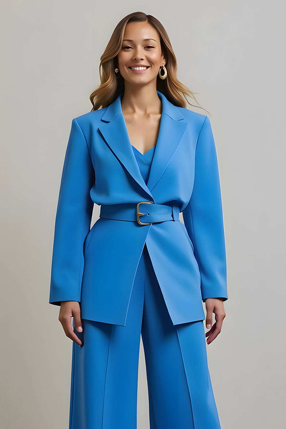 Blue 2 Piece Notched Lapel Business Suits with Belts