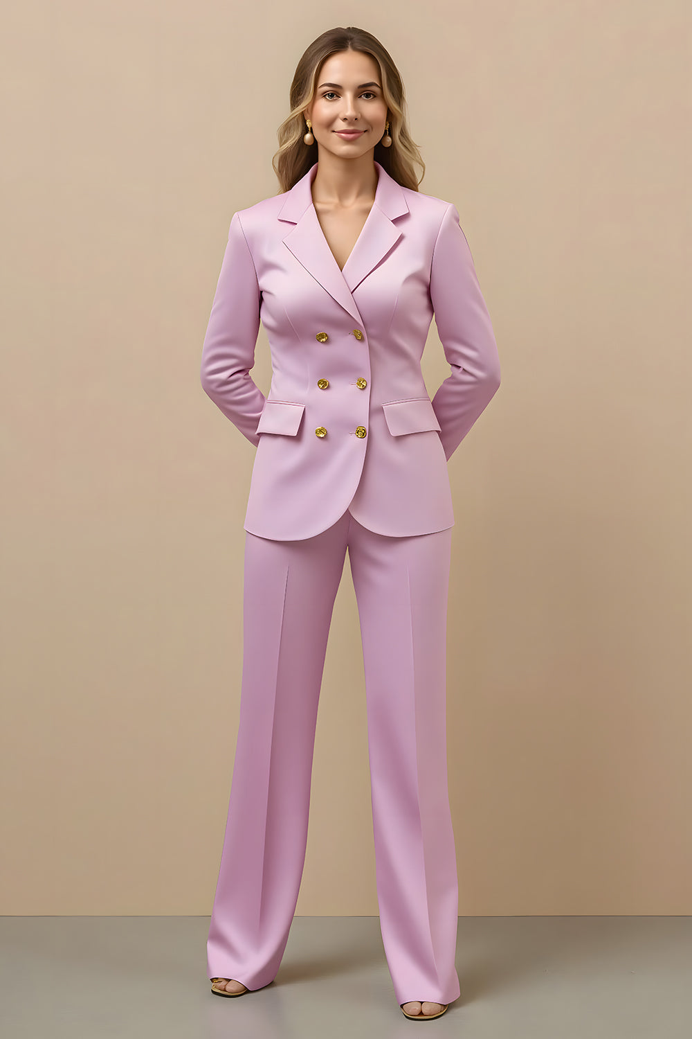 Elegant Pink 2 Piece Double Breasted Satin Business Suits