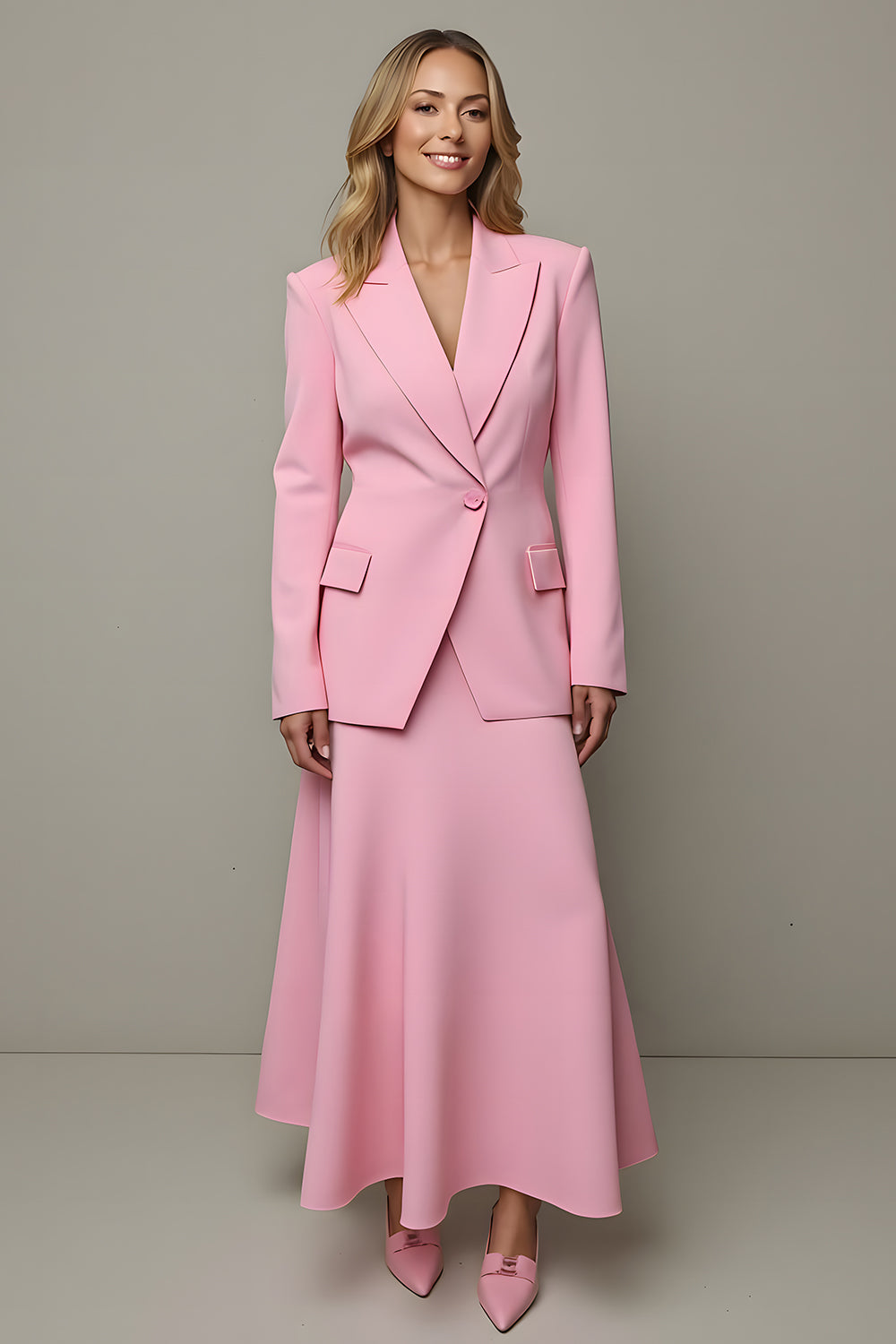 Dresstells Women 2 Piece Pink Satin Business Suits Peak Lapel One Button Coat Dress