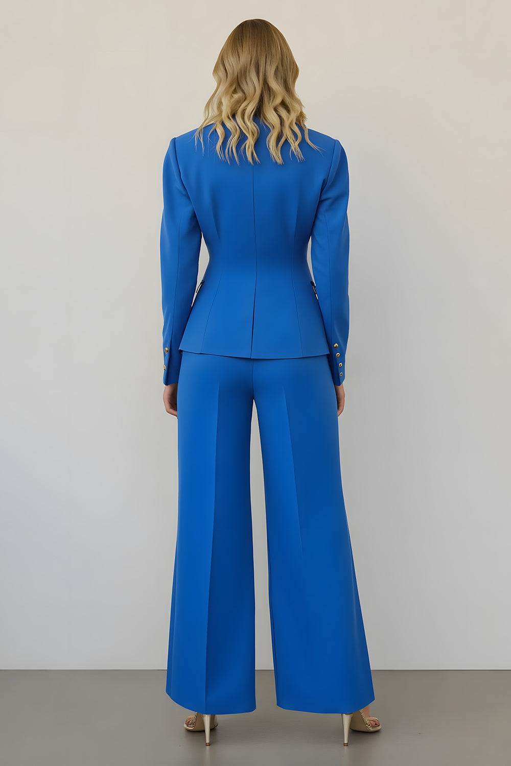 2 Piece Blue Wide Leg Single Breasted Business Suits with Pockets