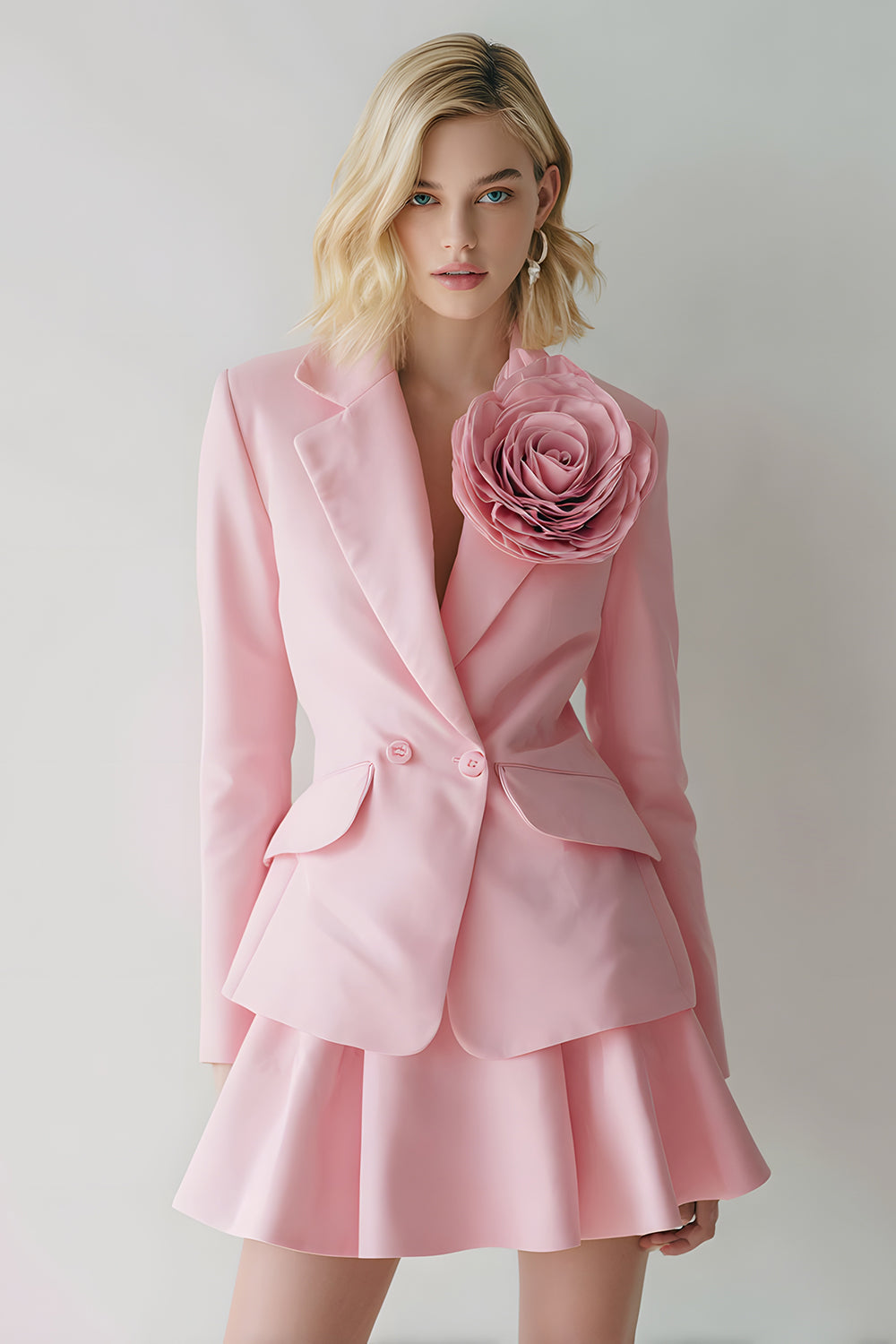 Dresstells Women Pink 2 Piece Business Suits with 3D Flower Notched Lapel Coat Dress with Sleeves